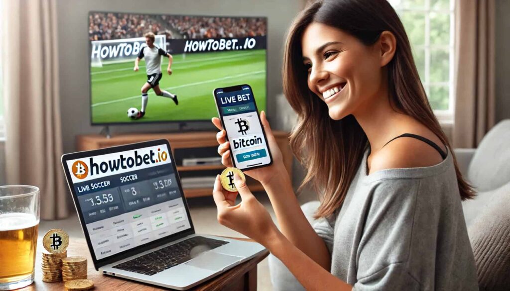 A woman is smiling as she places a bet on a live game of football on her mobile. On her laptop the HowToBet.io website is visible.