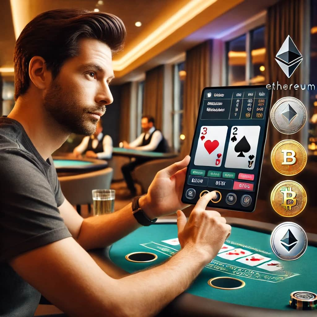 A man is playing live blackjack on his mobile, one of the most popular Crypto Live Casino Games