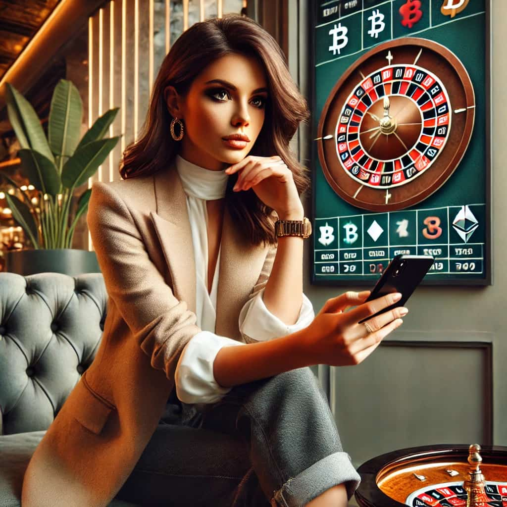 A woman is playing Crypto Live Casino Games on her mobile with roulette wheels shown