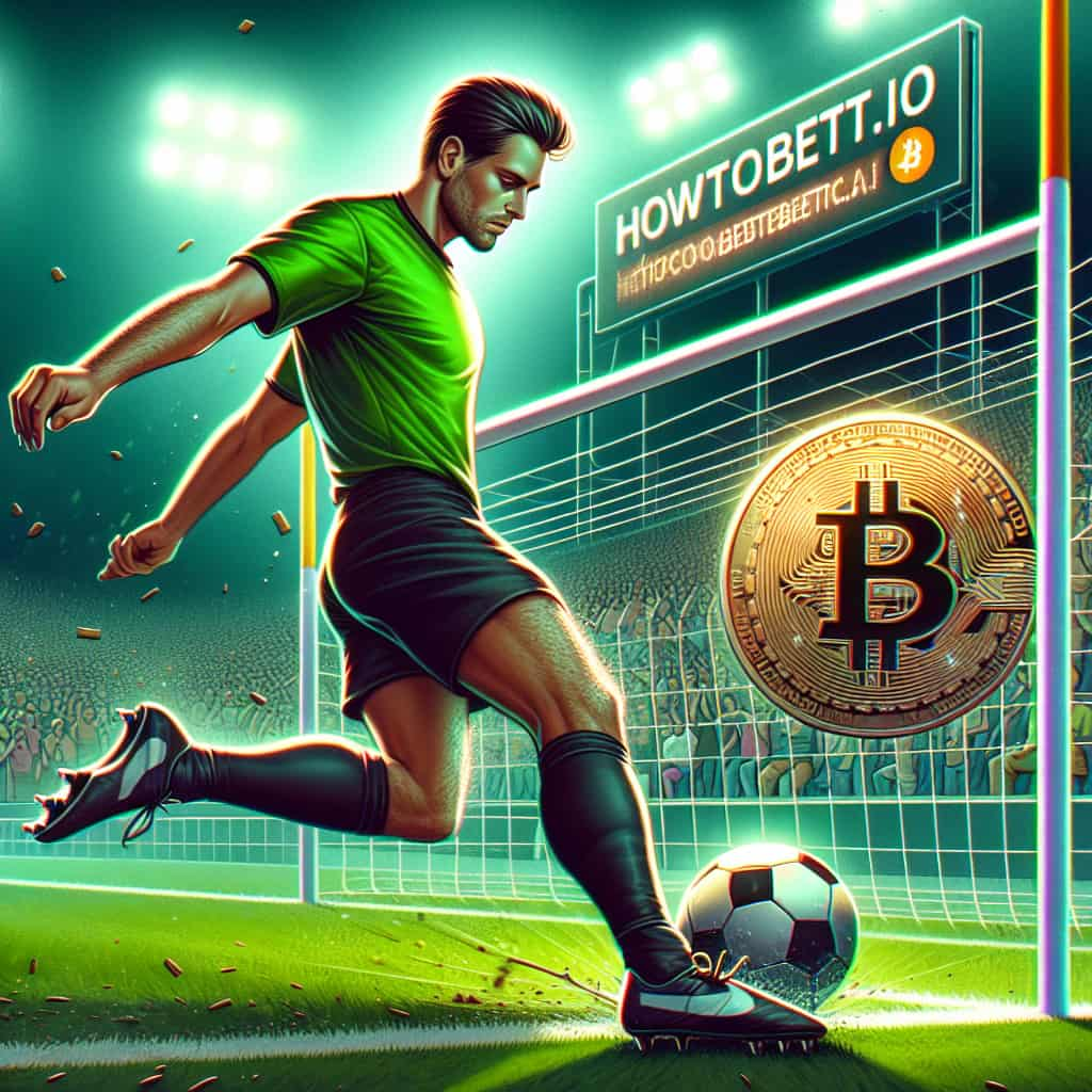 A football player is about to score a goal into a Bitcoin football net