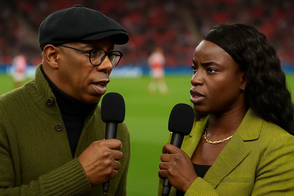 Eni Aluko and Ian Wright talking into micropphones.