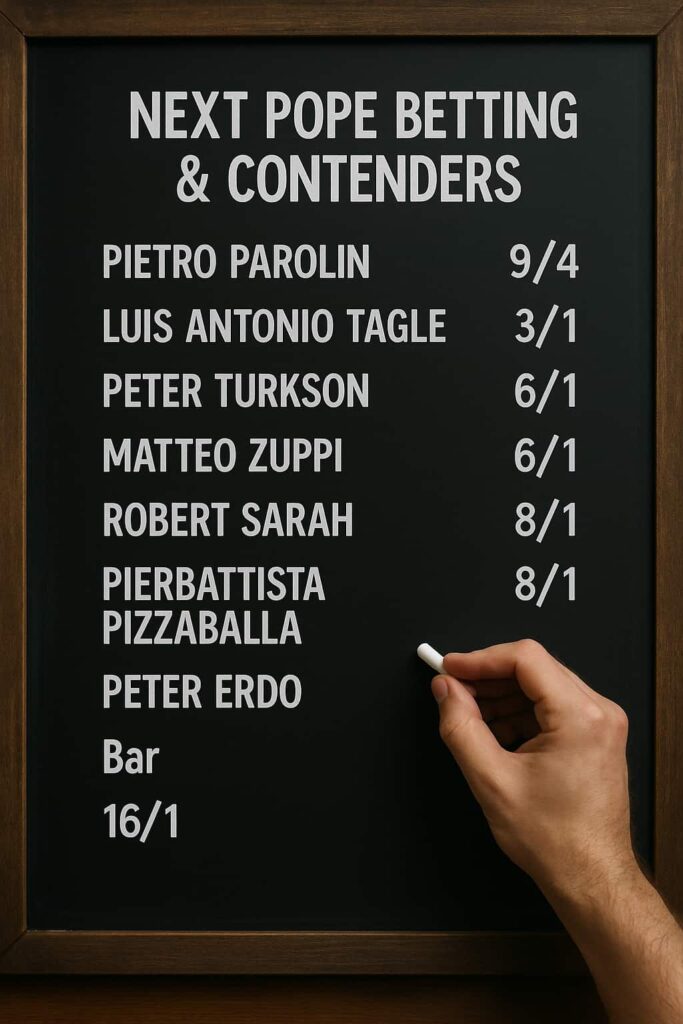 Next Pope betting shows the odds of the new pope written in chalk.